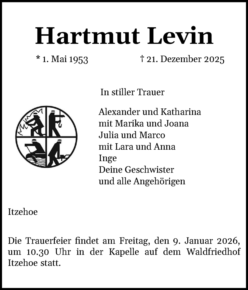  Traueranzeige für Hartmut Levin vom 03.01.2026 aus Norddeutsche Rundschau, Wilstersche Zeitung, Glückstädter Fortuna