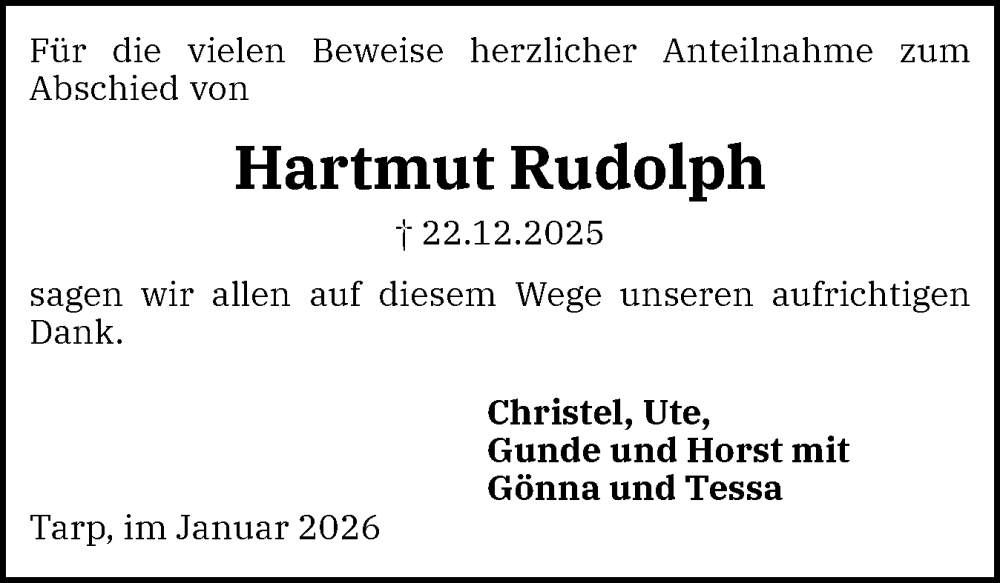  Traueranzeige für Hartmut Rudolph vom 17.01.2026 aus Flensburger Tageblatt
