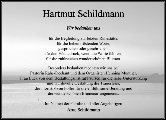Traueranzeige von Hartmut Schildmann von MARKT Bad Oldesloe/Reinfeld, MARKT Ahrensburg/Bargteheide/Trittau und Stormarner Tageblatt