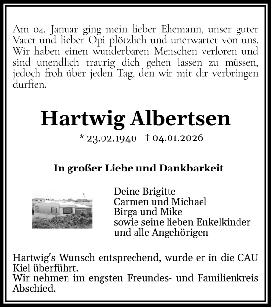 Traueranzeige von Hartwig Albertsen von Region Flensburg