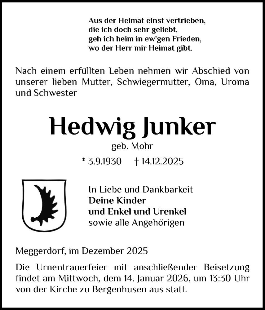  Traueranzeige für Hedwig Junker vom 07.01.2026 aus Schleswig-Holsteinische Landeszeitung