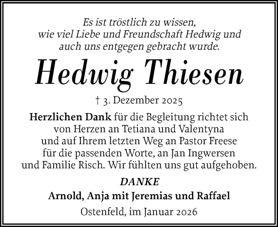 Traueranzeige von Hedwig Thiesen von Husumer Nachrichten, Nordfriesland Tageblatt