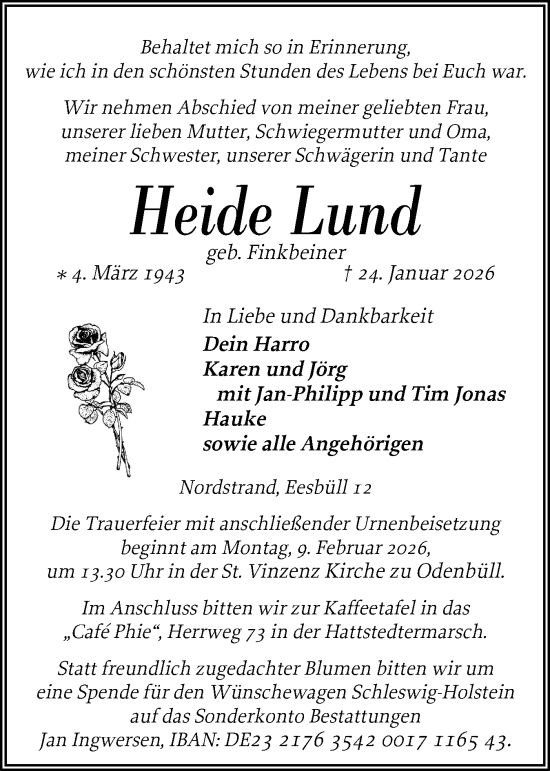 Traueranzeige von Heide Lund von Husumer Nachrichten, Nordfriesland Tageblatt