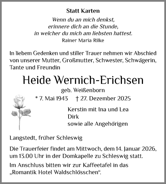 Traueranzeige von Heide Wernich-Erichsen von Schleswiger Nachrichten, Schlei-Bote
