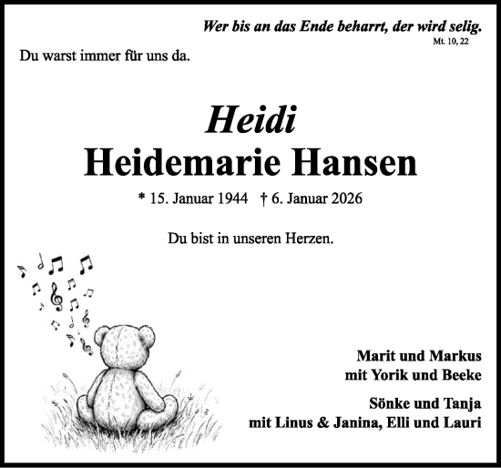 Traueranzeige von Heidemarie Hansen von Eckernförder Zeitung, Hallo Eckernförde