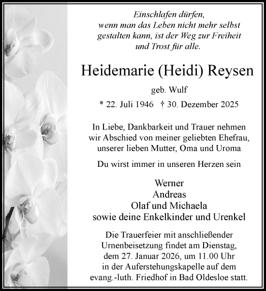 Traueranzeige von Heidemarie Reysen von MARKT Bad Oldesloe/Reinfeld und Stormarner Tageblatt