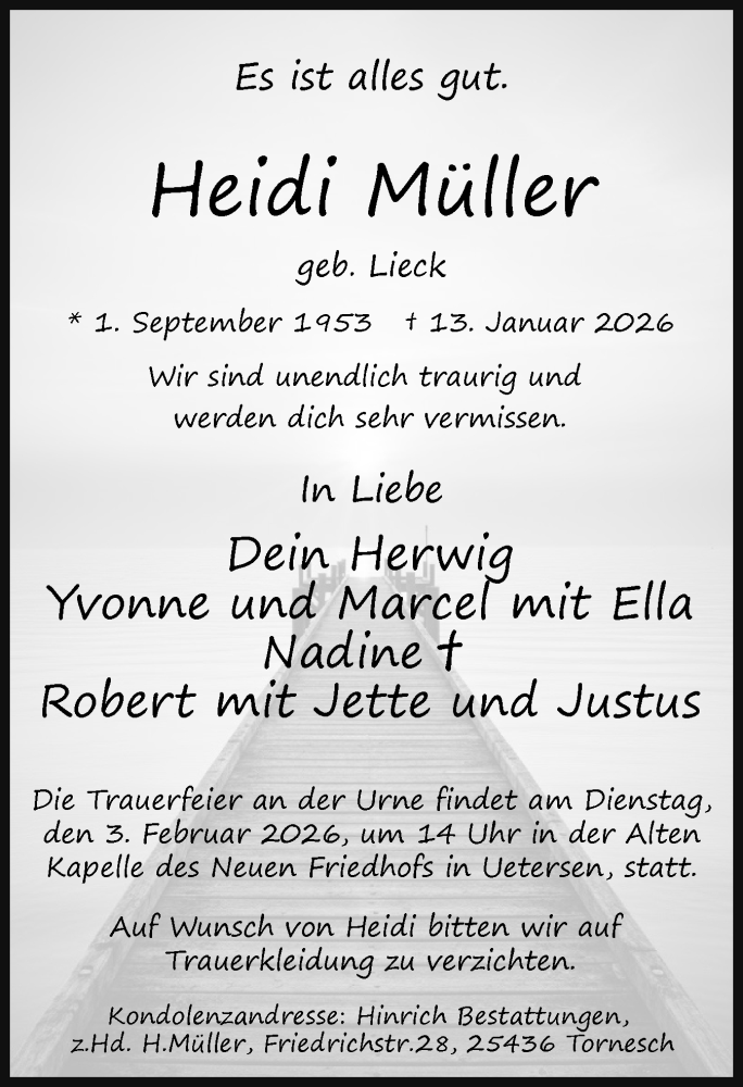  Traueranzeige für Heidi Müller vom 31.01.2026 aus Uetersener Nachrichten, Der tip am Wochenende