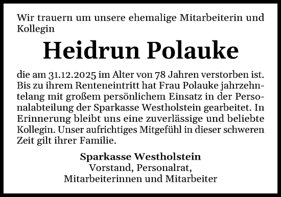 Traueranzeige von Heidrun Polauke von Norddeutsche Rundschau, Wilstersche Zeitung, Glückstädter Fortuna