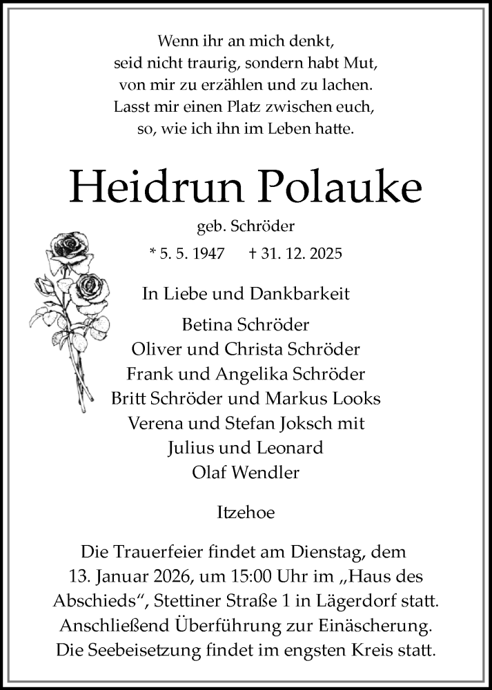  Traueranzeige für Heidrun Polauke vom 10.01.2026 aus Norddeutsche Rundschau, Wilstersche Zeitung, Glückstädter Fortuna