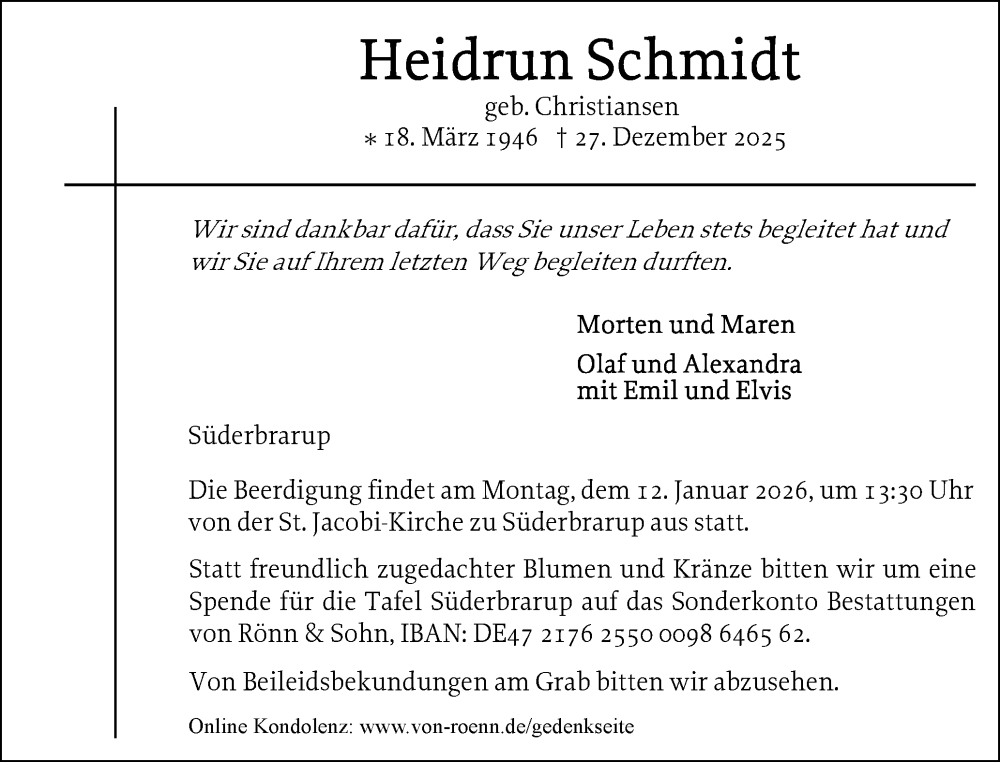  Traueranzeige für Heidrun Schmidt vom 03.01.2026 aus Schleswiger Nachrichten, Schlei-Bote