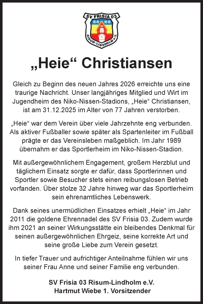  Traueranzeige für Heie Christiansen vom 06.01.2026 aus Husumer Nachrichten, Nordfriesland Tageblatt
