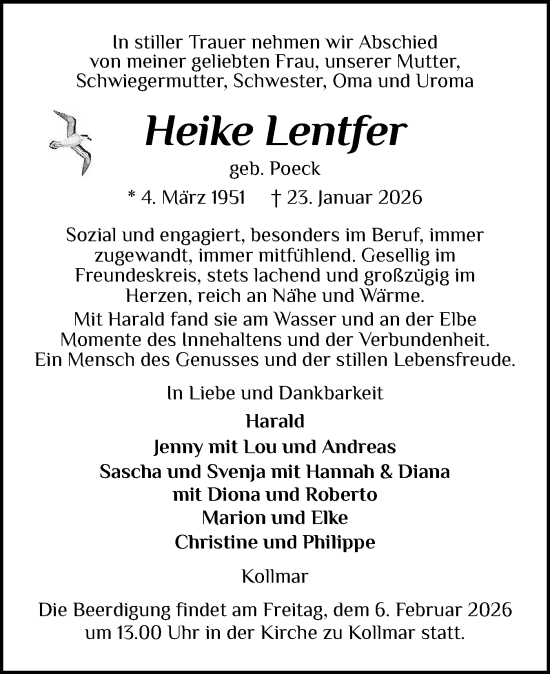 Traueranzeige von Heike Lentfer von Norddeutsche Rundschau, Wilstersche Zeitung, Glückstädter Fortuna