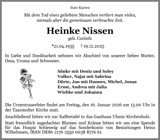 Traueranzeige von Heinke Nissen von Schleswiger Nachrichten, Schlei-Bote