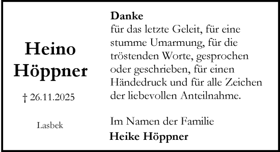 Traueranzeige von Heino Höppner von MARKT Bad Oldesloe/Reinfeld, MARKT Ahrensburg/Bargteheide/Trittau und Stormarner Tageblatt