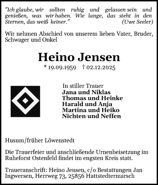 Traueranzeige von Heino Jensen von Husumer Nachrichten, Nordfriesland Tageblatt