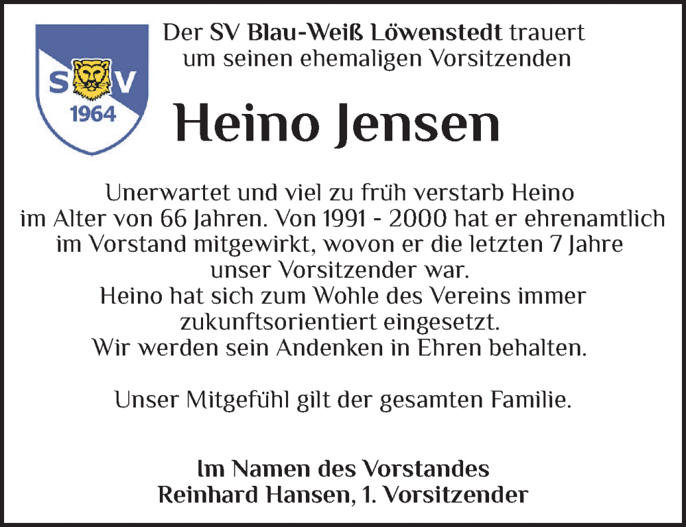  Traueranzeige für Heino Jensen vom 06.01.2026 aus Husumer Nachrichten, Nordfriesland Tageblatt