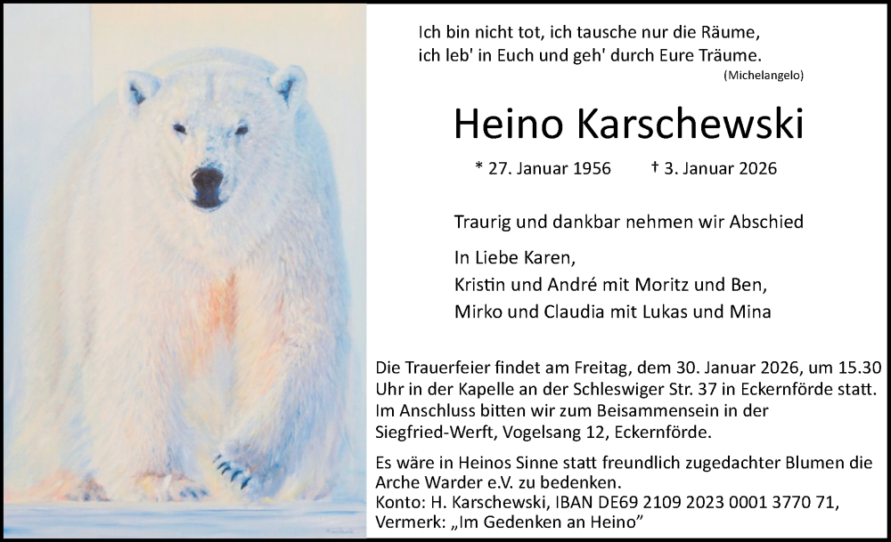  Traueranzeige für Heino Karschewski vom 17.01.2026 aus Eckernförder Zeitung, Hallo Eckernförde