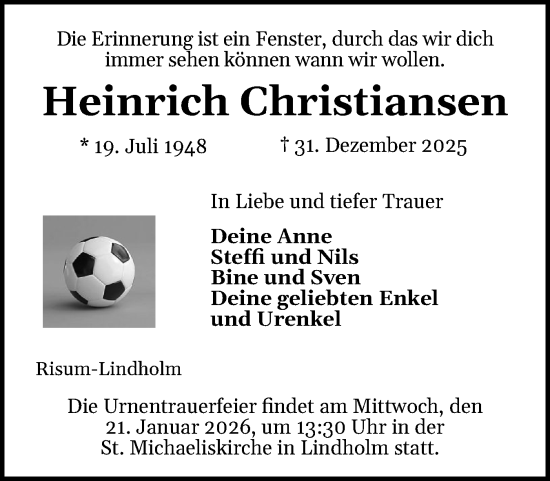 Traueranzeige von Heinrich Christiansen von Husumer Nachrichten, Nordfriesland Tageblatt