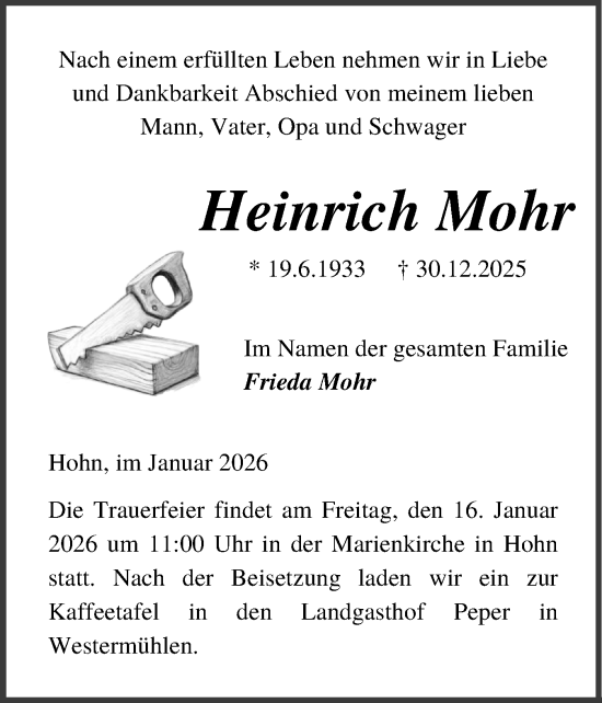 Traueranzeige von Heinrich Mohr von Schleswig-Holsteinische Landeszeitung