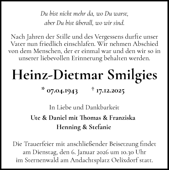 Traueranzeige von Heinz-Dietmar Smilgies von Norddeutsche Rundschau, Wilstersche Zeitung, Glückstädter Fortuna
