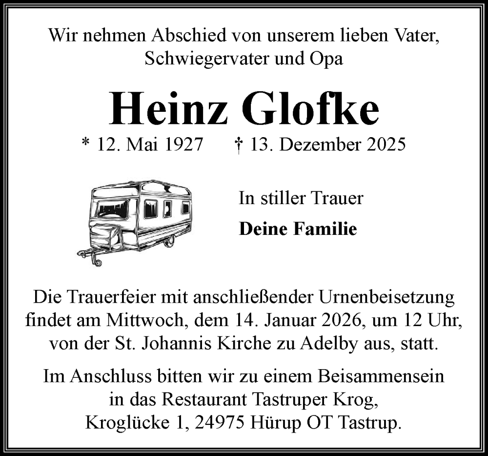  Traueranzeige für Heinz Glofke vom 03.01.2026 aus Flensburger Tageblatt