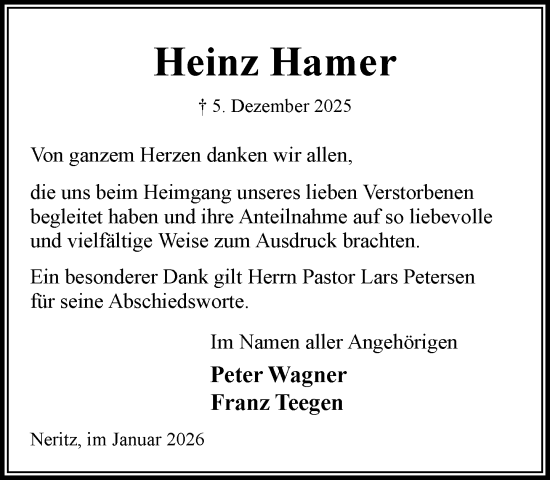 Traueranzeige von Heinz Hamer von MARKT Bad Oldesloe/Reinfeld und Stormarner Tageblatt