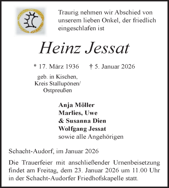 Traueranzeige von Heinz Jessat von Schleswig-Holsteinische Landeszeitung