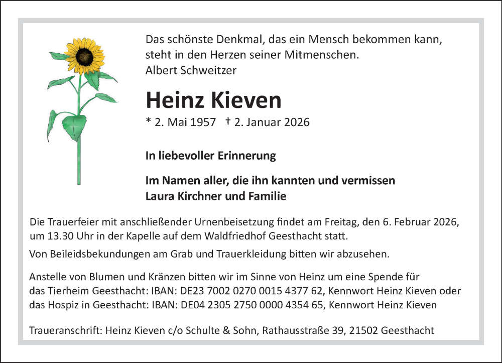 Traueranzeige für Heinz Kieven vom 17.01.2026 aus Wochenend Anzeiger