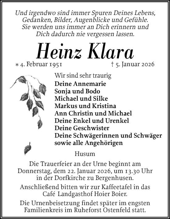 Traueranzeige von Heinz Klara von Schleswig-Holsteinische Landeszeitung