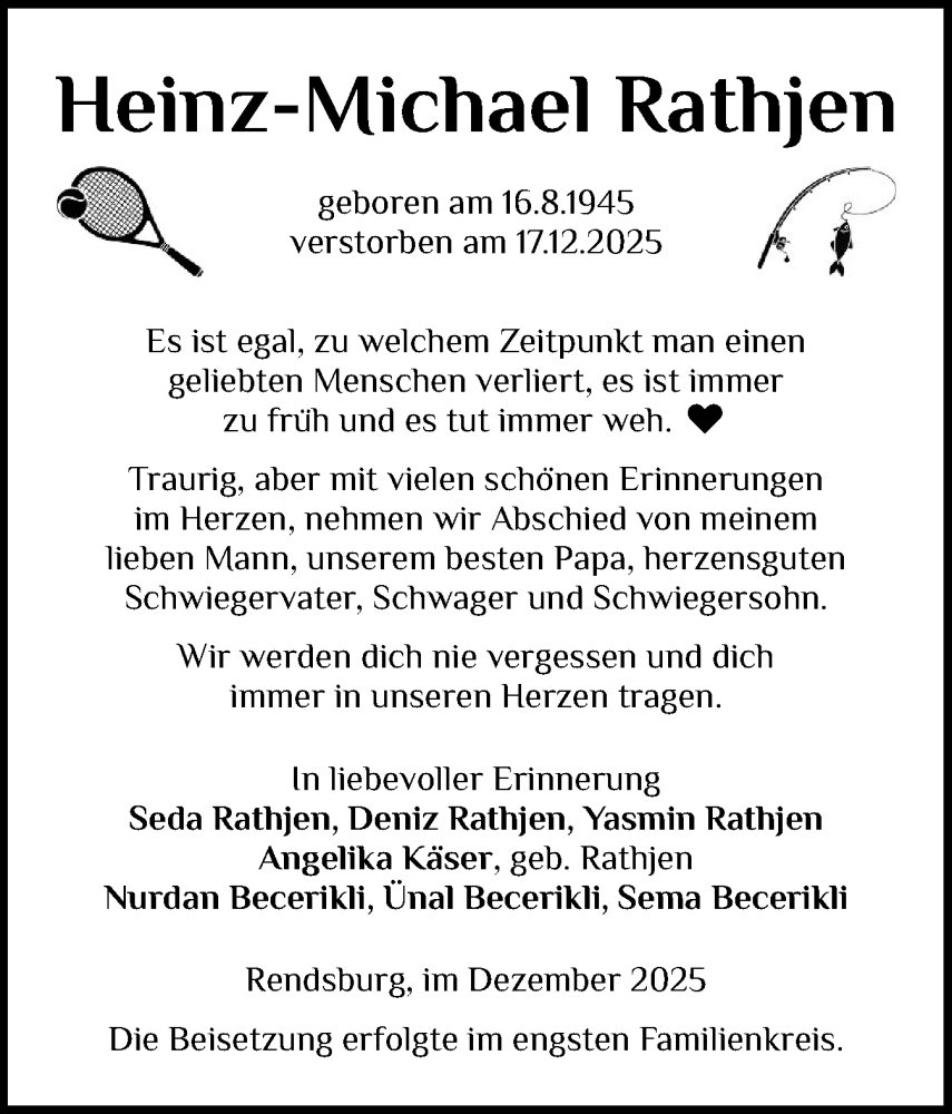  Traueranzeige für Heinz-Michael Rathjen vom 03.01.2026 aus Hallo Rendsburg, Hallo Eckernförde