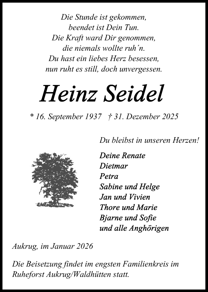  Traueranzeige für Heinz Seidel vom 10.01.2026 aus Schleswig-Holsteinische Landeszeitung
