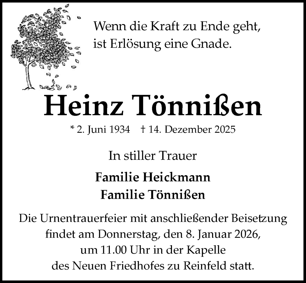  Traueranzeige für Heinz Tönnißen vom 03.01.2026 aus MARKT Bad Oldesloe/Reinfeld und Stormarner Tageblatt