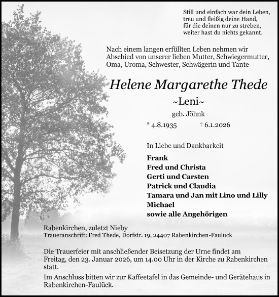 Traueranzeige von Helene Margarethe Thede von Schleswiger Nachrichten, Schlei-Bote