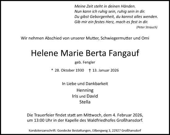Traueranzeige von Helene Marie Berta Fangauf von MARKT Ahrensburg/Bargteheide/Trittau und Stormarner Tageblatt