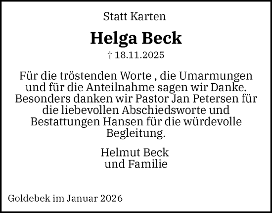 Traueranzeige von Helga Beck von Husumer Nachrichten, Nordfriesland Tageblatt