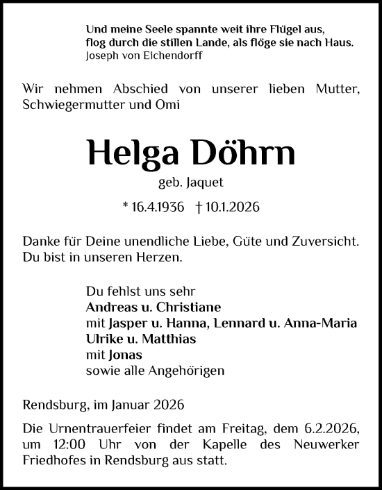 Traueranzeige von Helga Döhrn von Schleswig-Holsteinische Landeszeitung