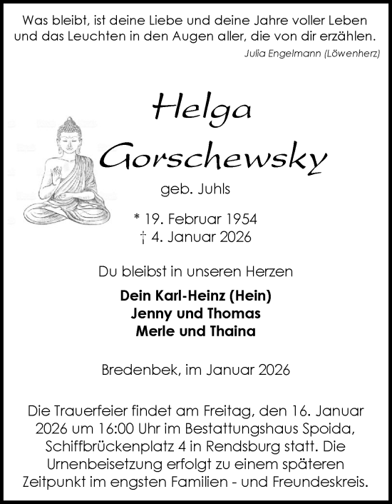 Traueranzeige von Helga Gorschewsky von Schleswig-Holsteinische Landeszeitung