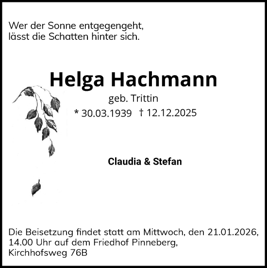 Traueranzeige von Helga Hachmann von Digitale Anzeige