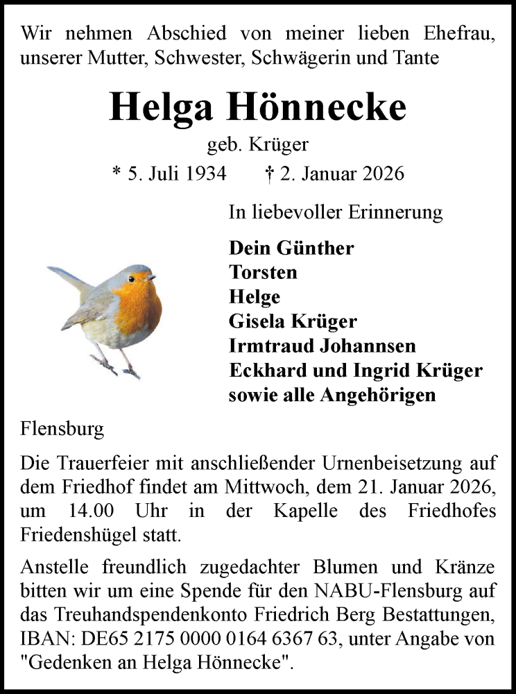  Traueranzeige für Helga Hönnecke vom 10.01.2026 aus Flensburger Tageblatt