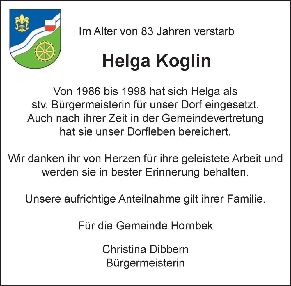  Traueranzeige für Helga Koglin vom 17.01.2026 aus MARKT Ratzeburg/Mölln