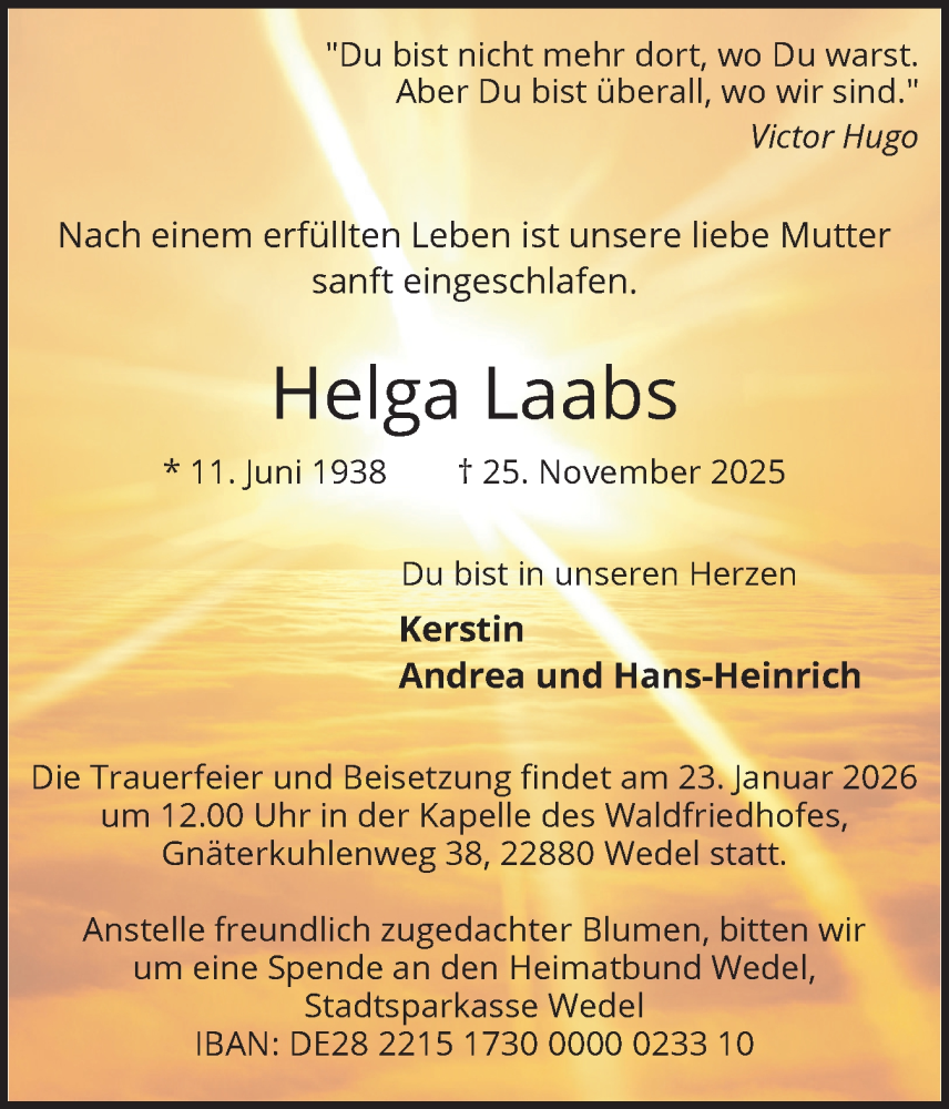  Traueranzeige für Helga Laabs vom 10.01.2026 aus Wedel-Schulauer Tageblatt, tip Wedel-Schulauer Tageblatt, tip Rissener Rundschau