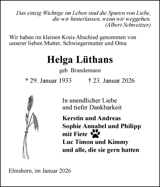 Traueranzeige von Helga Lüthans von Elmshorner Nachrichten, Barmstedter Zeitung