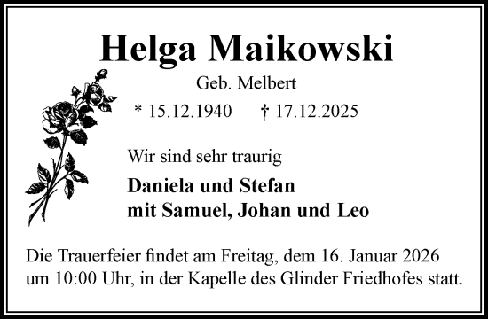 Traueranzeige von Helga Maikowski von MARKT Glinde/Reinfeld
