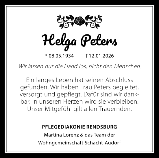 Traueranzeige von Helga Peters von Schleswig-Holsteinische Landeszeitung