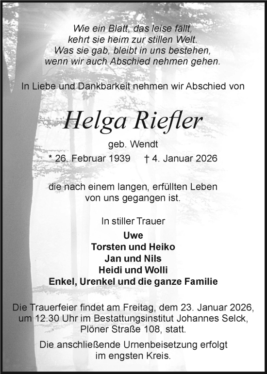 Traueranzeige von Helga Riefler von Holsteinischer Courier