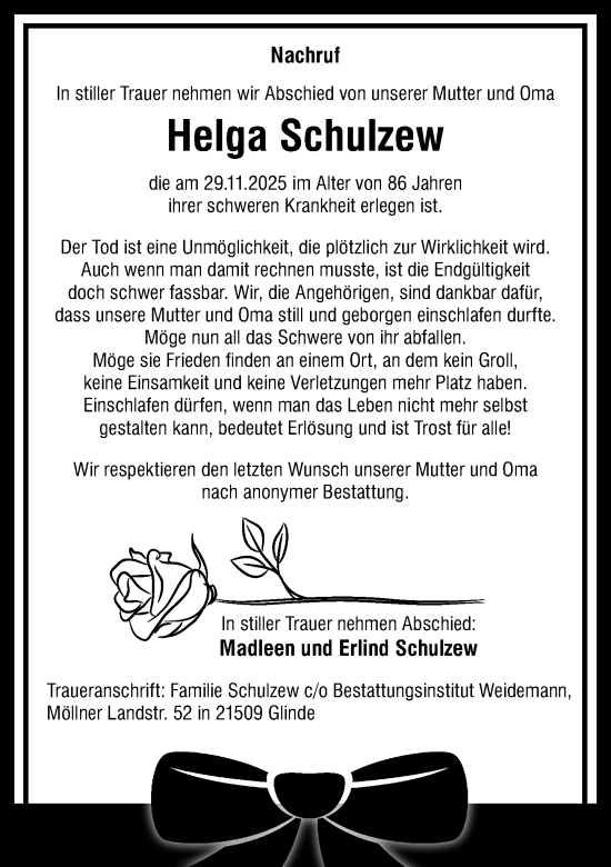 Traueranzeige von Helga Schulzew von MARKT Glinde/Reinfeld