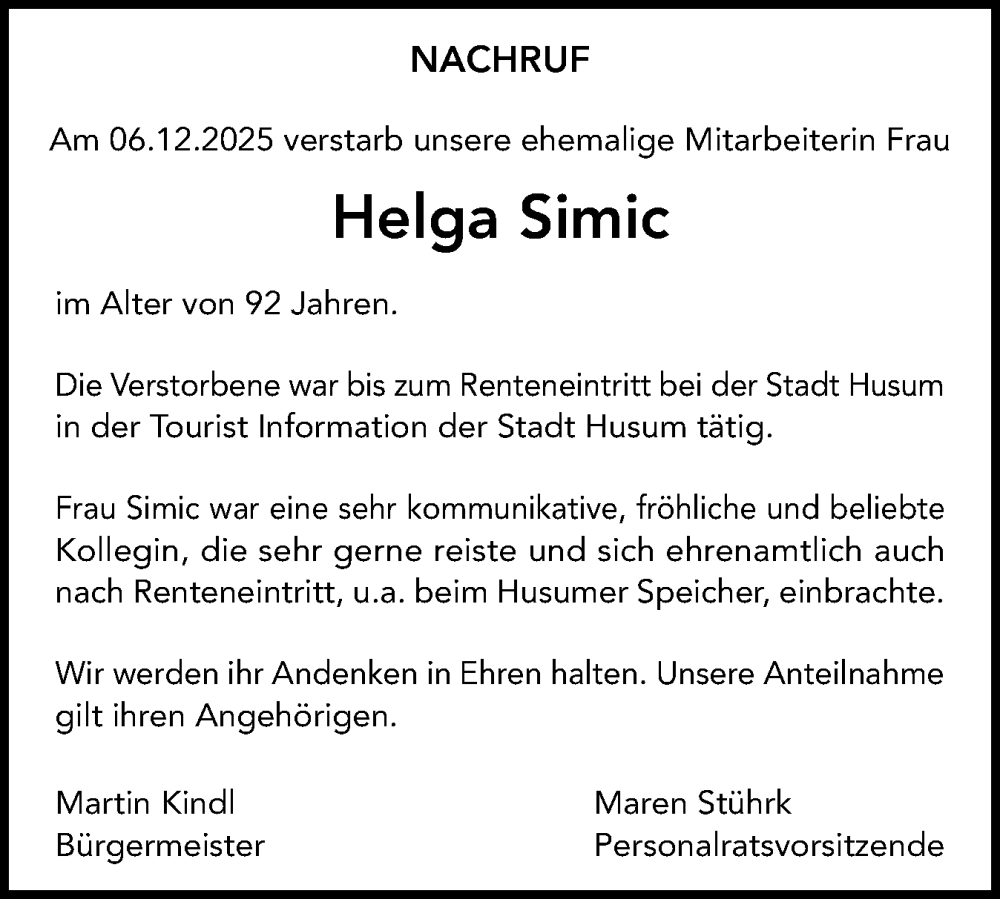  Traueranzeige für Helga Simic vom 03.01.2026 aus Die WochenSchau Nordfriesland