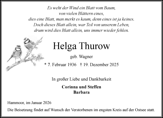 Traueranzeige von Helga Thurow von MARKT Bad Oldesloe/Reinfeld, MARKT Ahrensburg/Bargteheide/Trittau und Stormarner Tageblatt