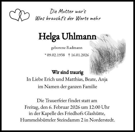 Traueranzeige von Helga Uhlmann von Heimatspiegel