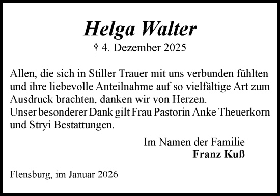 Traueranzeige von Helga Walter von Flensburger Tageblatt